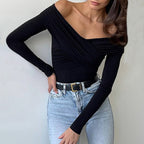 Women's Women Clothing Sexy Adult Lady Like Woman T Shirt Autumn Winter Boat Collar Off The Shoulder Elegant Short Top