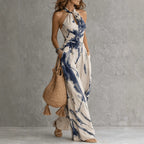 Ink Printing WL Pocket Jumpsuit Casual SL Halter Tied