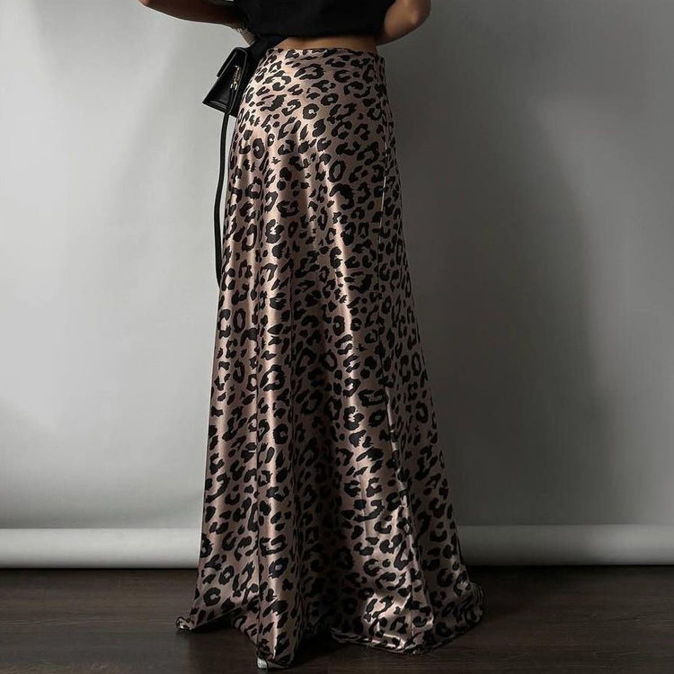 Satin Draping Skirt Leopard Print Sheath Fishtail