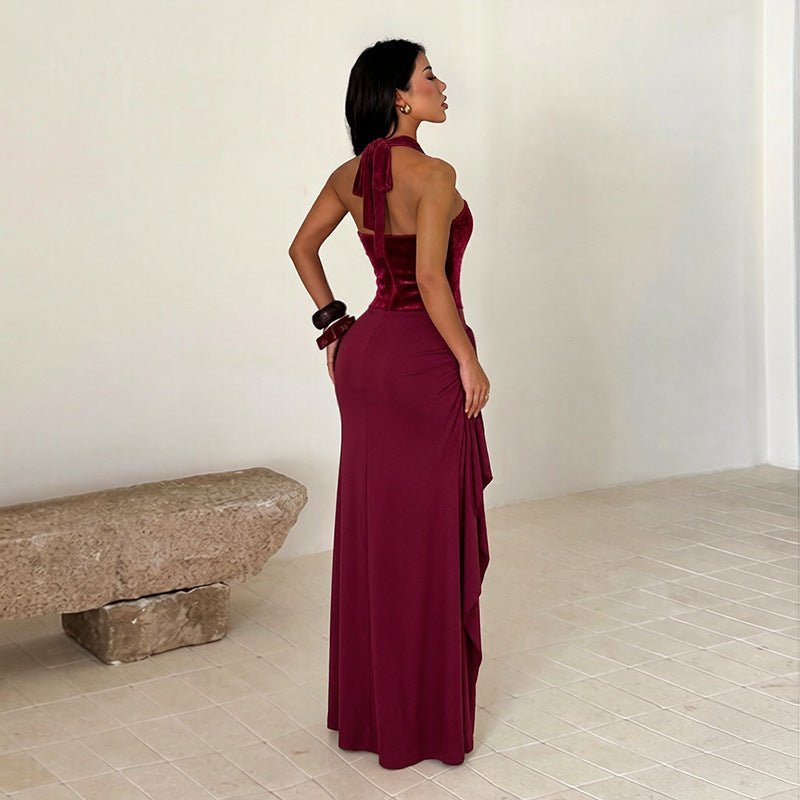 Women's Halter Velvet Sequin Maxi Dress