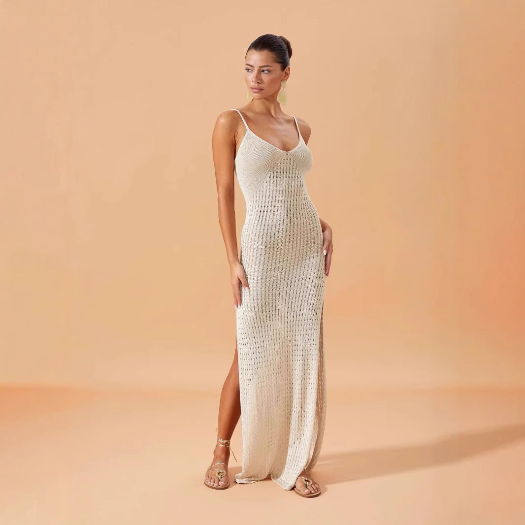 Summer Beach Dress Women Solid Color Sling over the Knee Swimwear