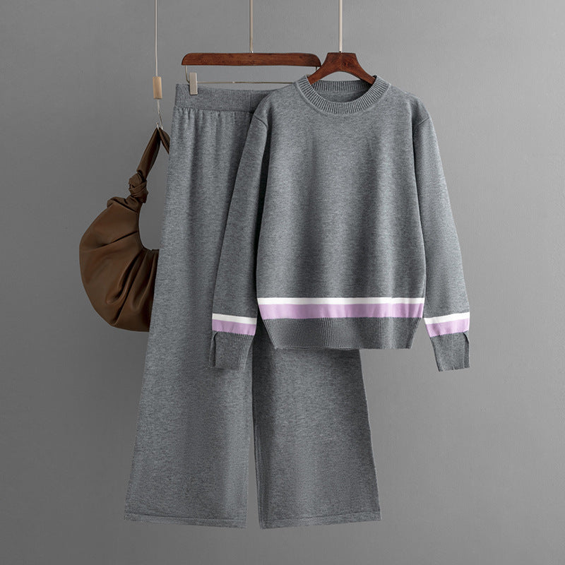Casual Set Autumn Winter Round-Neck Long-Sleeve Slit Contrast Color High-Waisted Pants