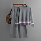 Casual Set Autumn Winter Round-Neck Long-Sleeve Slit Contrast Color High-Waisted Pants