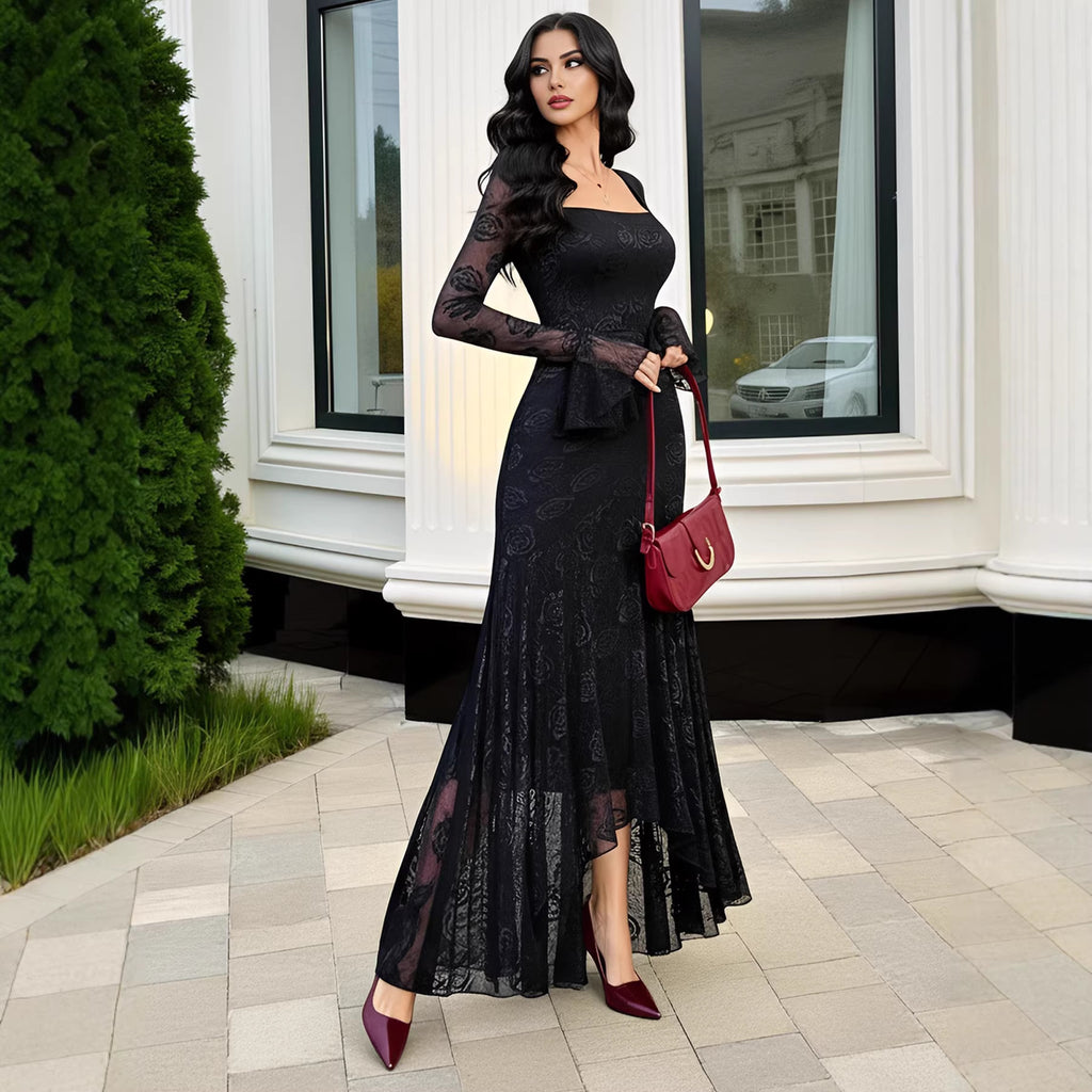 Mesh Jacquard Square Collar Irregular Asymmetric Slim Dress