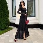 Mesh Jacquard Square Collar Irregular Asymmetric Slim Dress