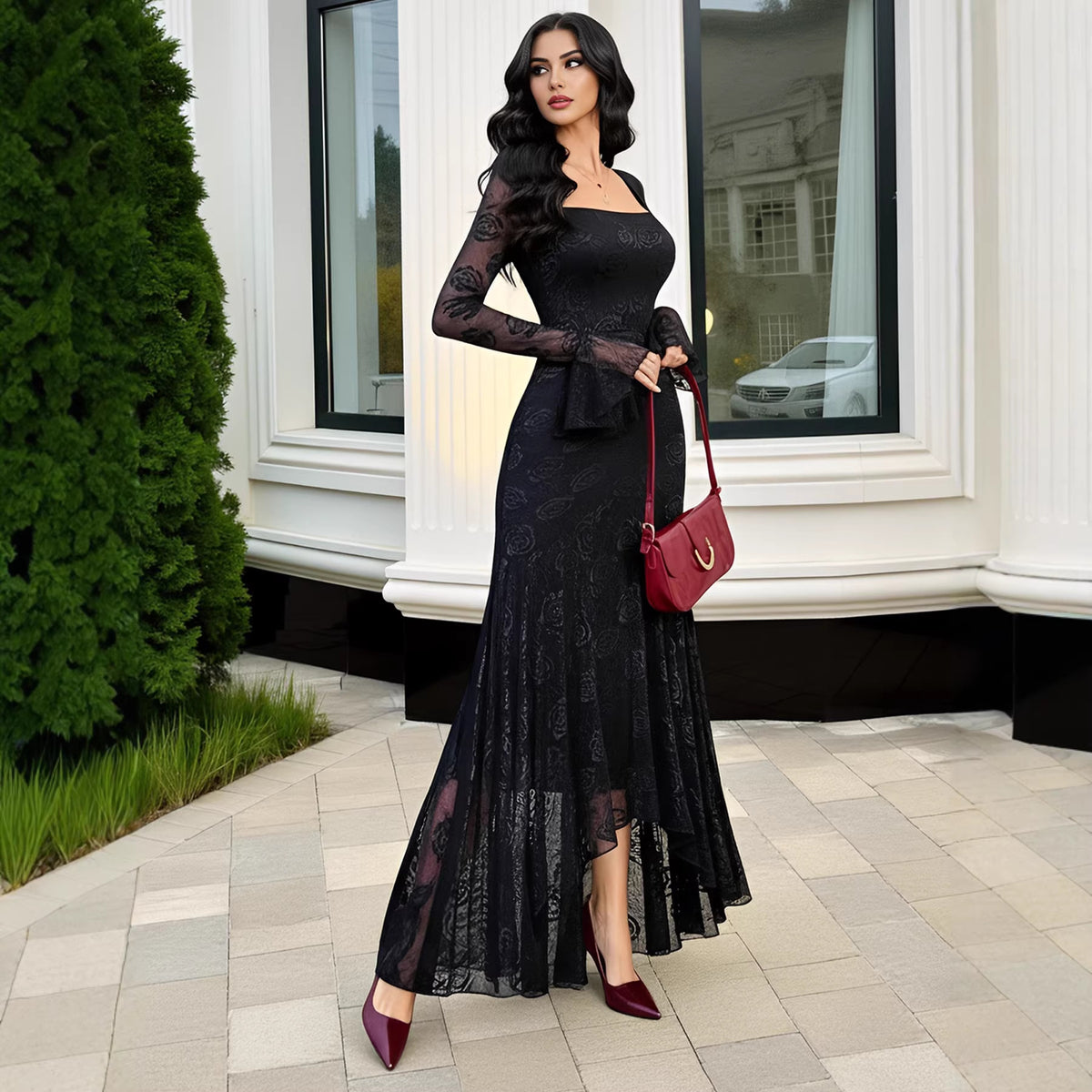 Mesh Jacquard Square Collar Irregular Asymmetric Slim Dress