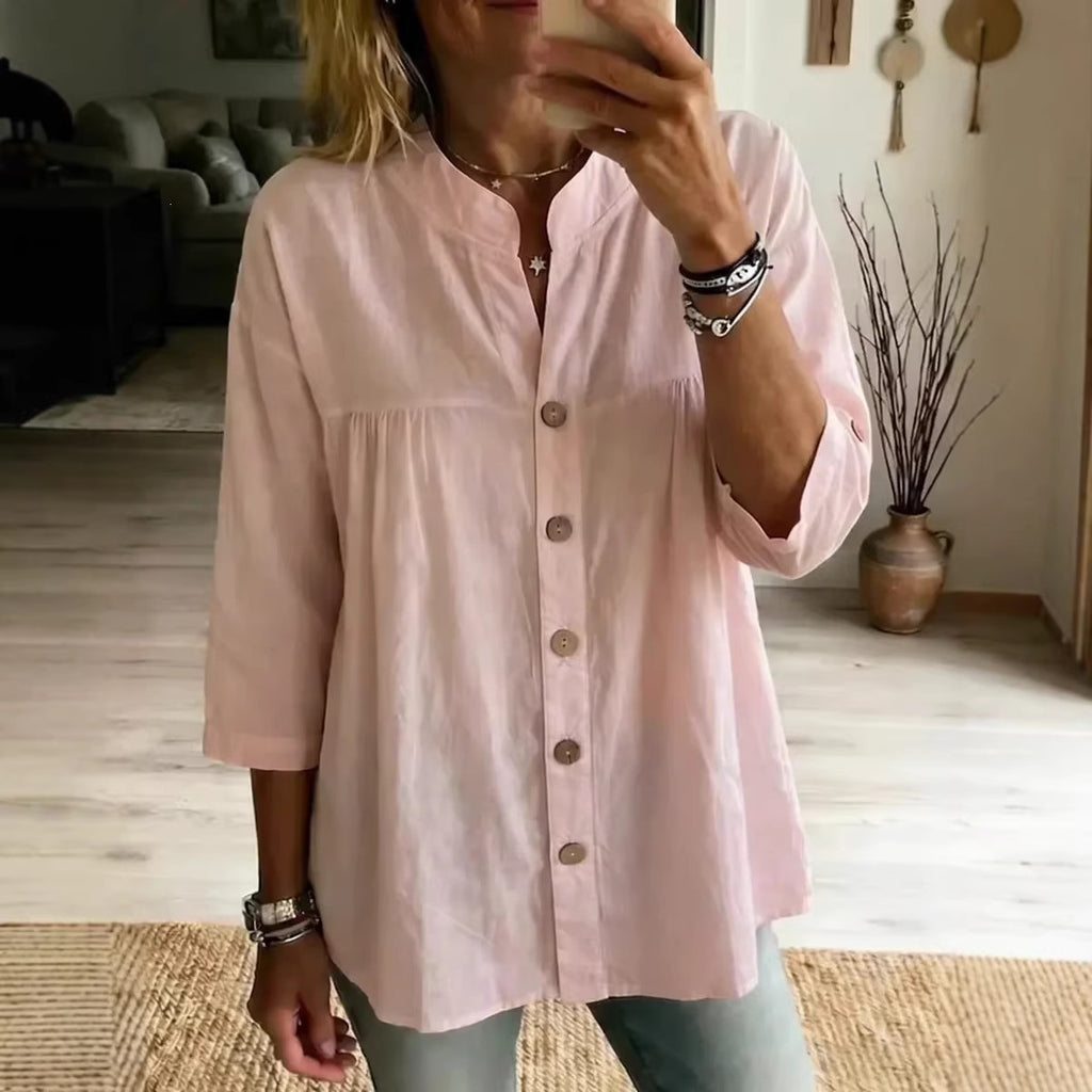 Spring Summer Cotton Linen Shirt Women Casual Retro Artistic Solid Color Three Quarter Length Sleeve Top Women