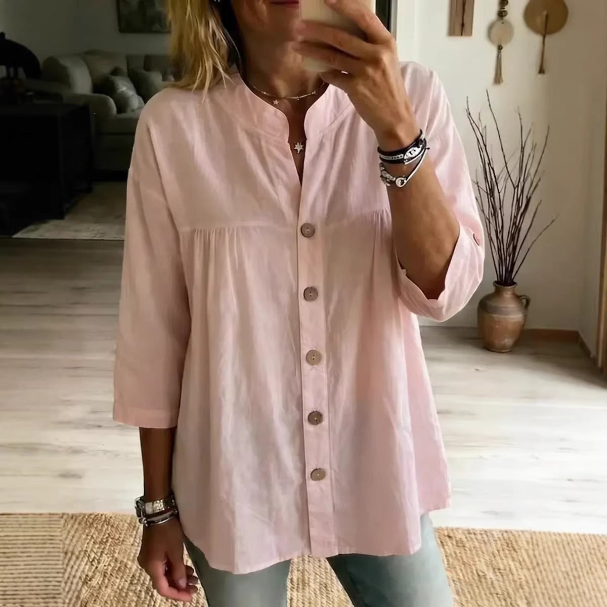 Spring Summer Cotton Linen Shirt Women Casual Retro Artistic Solid Color Three Quarter Length Sleeve Top Women