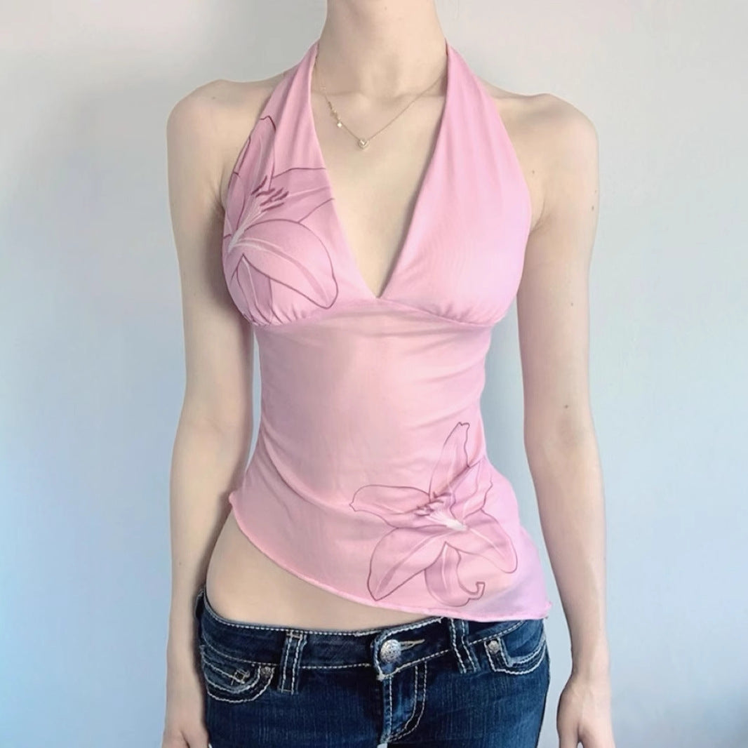 Sexy Deep V Plunge Halter Floral Printed Mesh Hollow Out Cutout Backless Slimming Slim Fit Camisole Vest