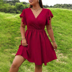Women's Plus Size V-Neck Ruffle-Sleeve A-Line Dress