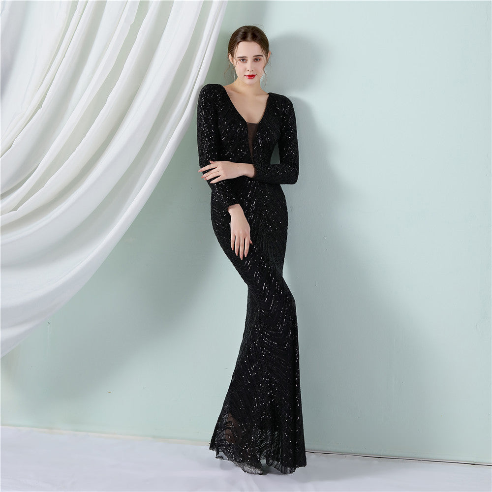 Women's Floral Sequin Evening Dress Banquet Elegant Long Sleeve Sequin Queen