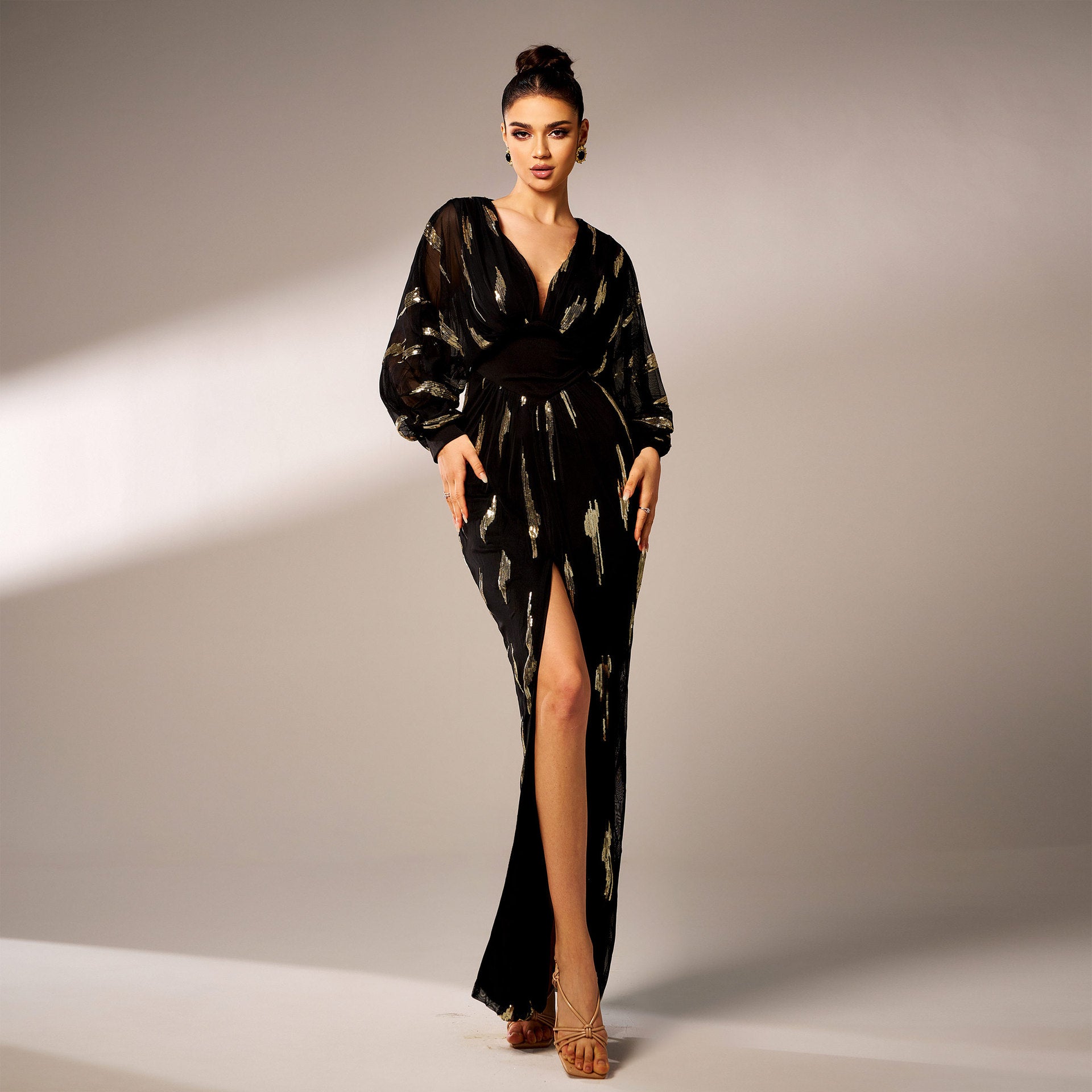 Women's V-Neck Sequin Split Maxi Evening Dress