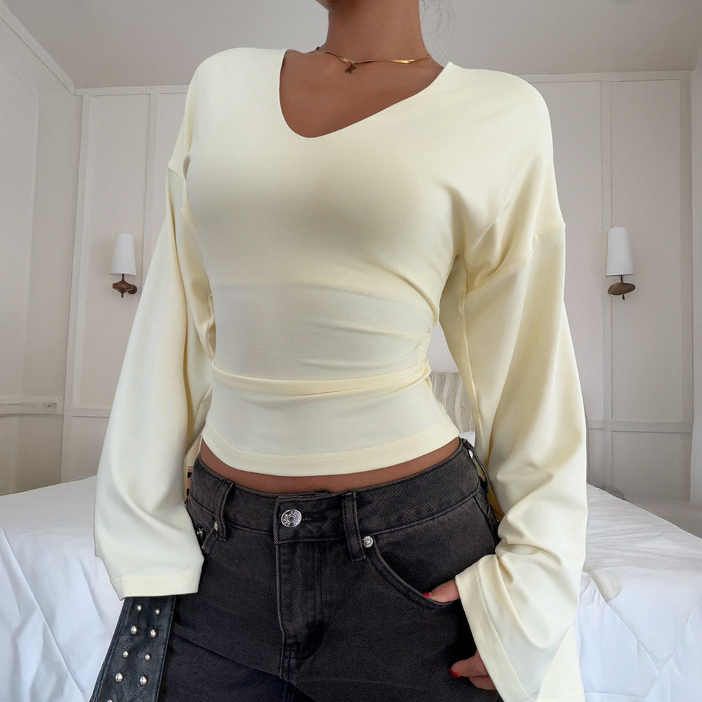 Women's Clothing Autumn Elegant Flared Long Sleeve Waist Trimming Top