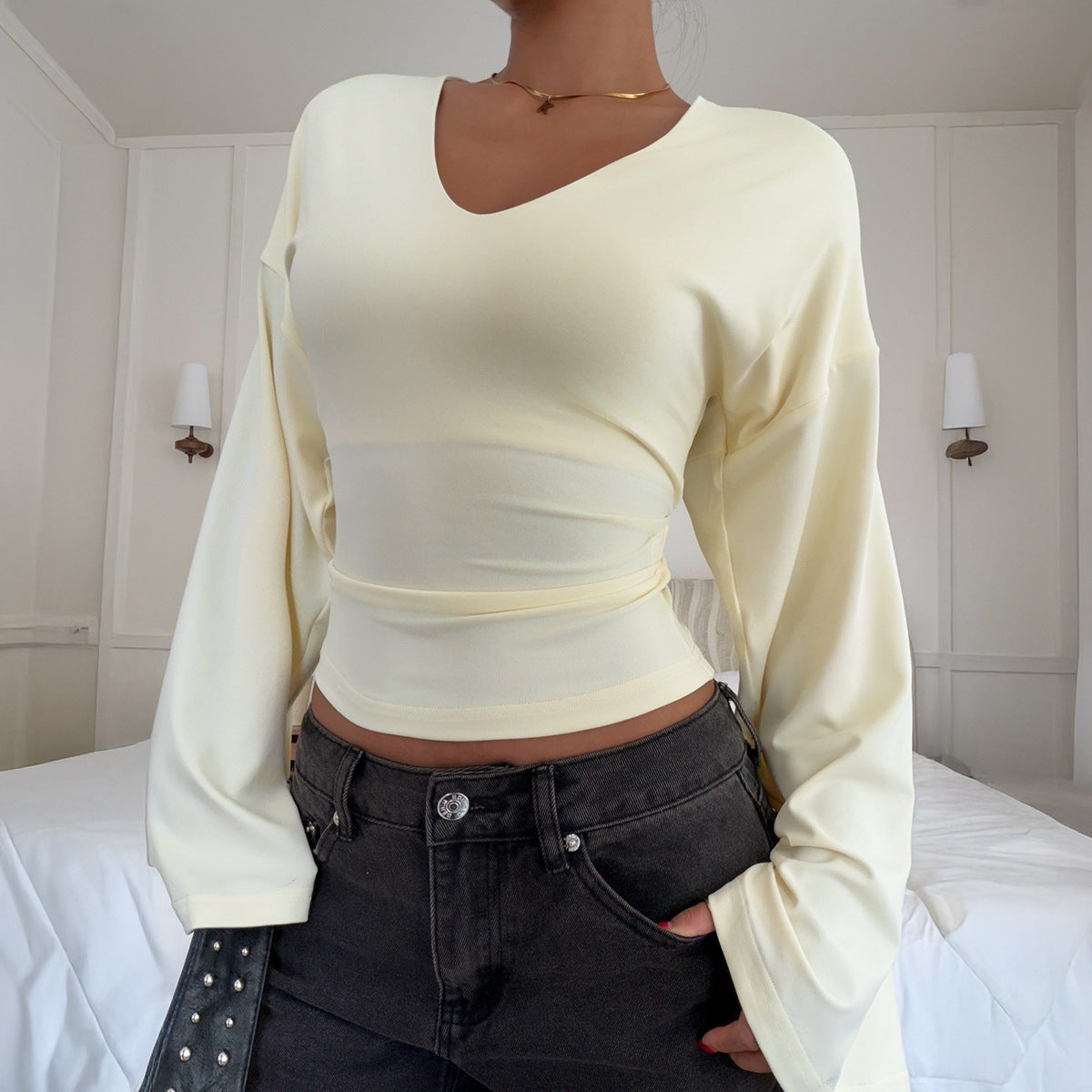 Women's Clothing Autumn Elegant Flared Long Sleeve Waist Trimming Top