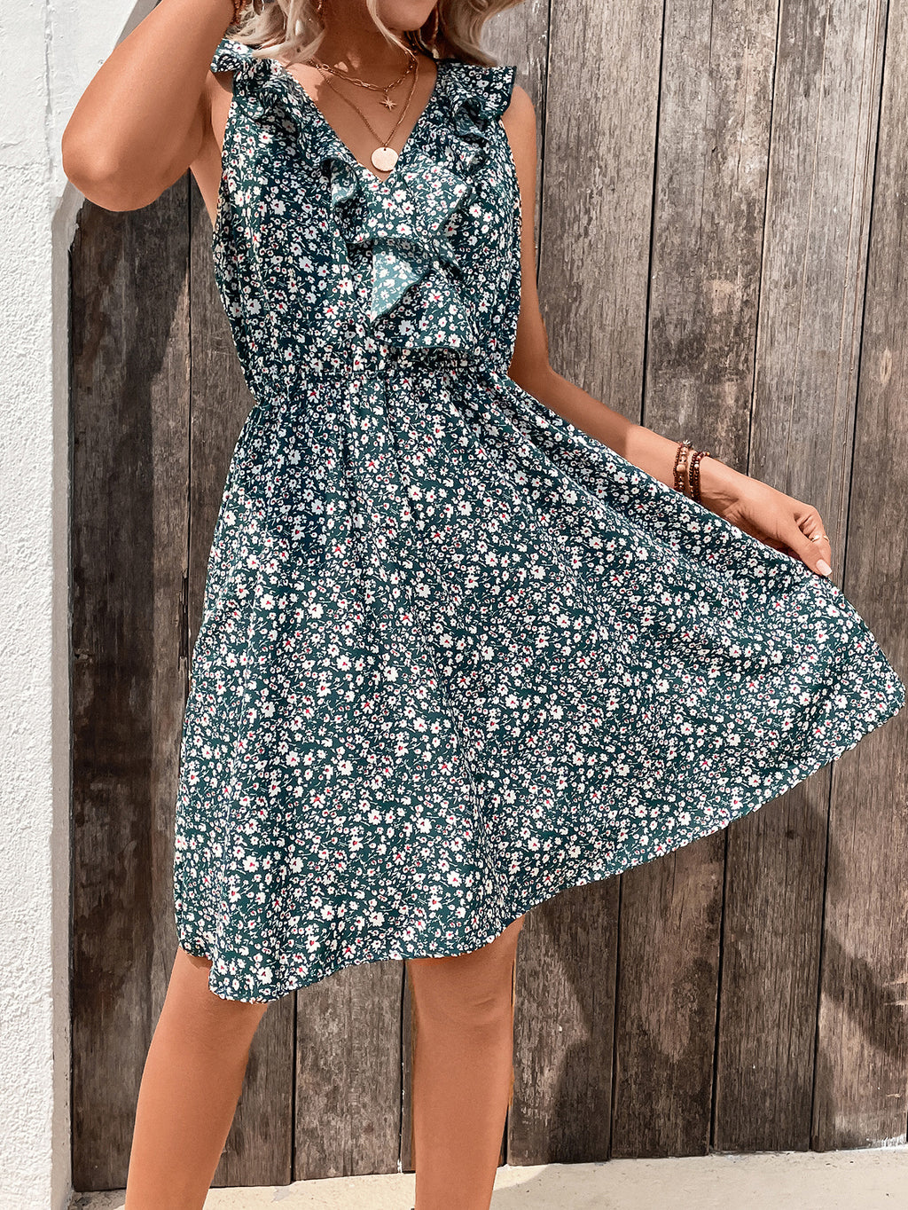 Women's V-Neck Floral Ruffle Short-Sleeve Dress