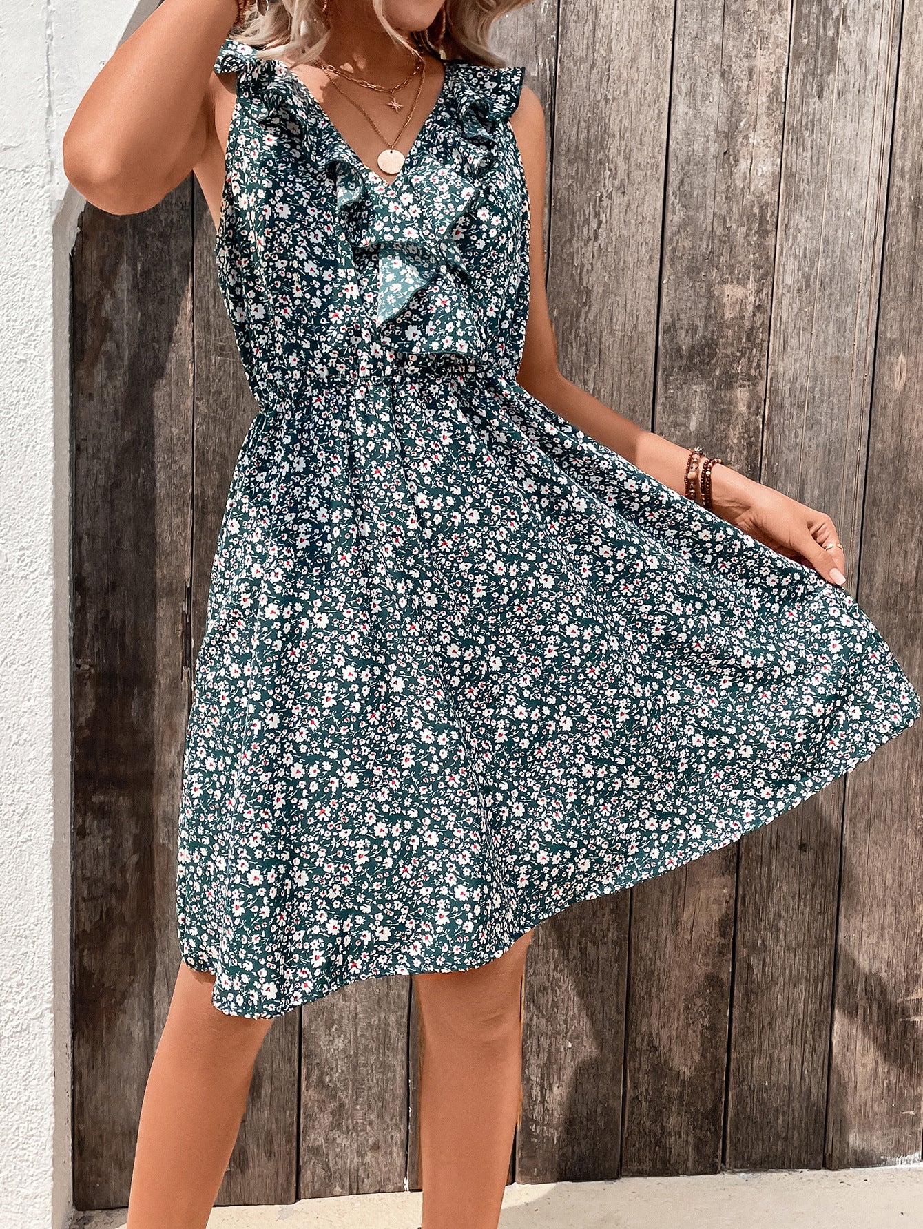 Women's V-Neck Floral Ruffle Short-Sleeve Dress