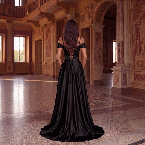 Women's Black Camisole Off Shoulder Mesh See Through Dress Waist Satin Split Light Luxury Cocktail Evening Dress