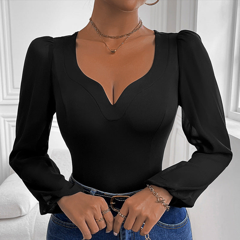 Women's Black Mesh V-Neck Long Sleeve Jumpsuit