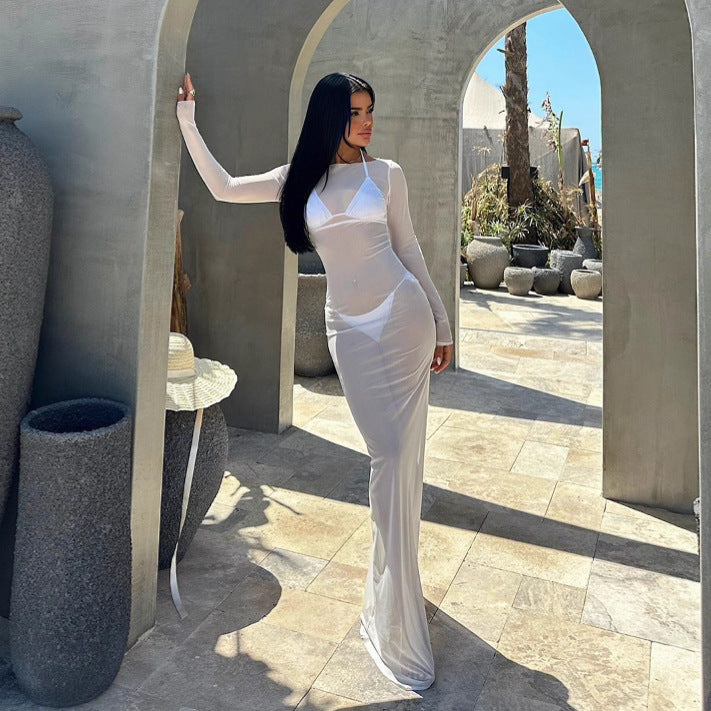 Sheer Off-Shoulder Mesh Maxi Dress