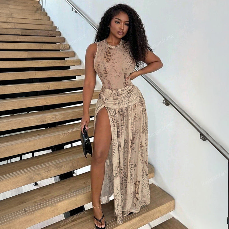 Women Clothing Summer Snake Print Sleeveless Jumpsuit Half Length Slit Skirt Set