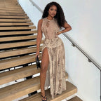 Women Clothing Summer Snake Print Sleeveless Jumpsuit Half Length Slit Skirt Set