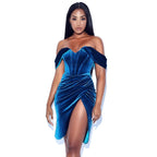 V-Neck Corset Ruched Split Bodycon Knee Dress