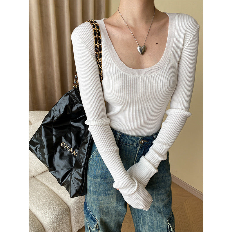 Women's Ribbed U-Neck Slim Fit Long Sleeve Top