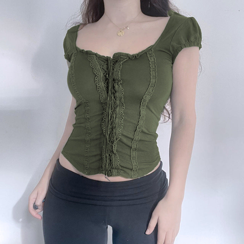 Women’s Green Vintage Square Neck Lace Up Top