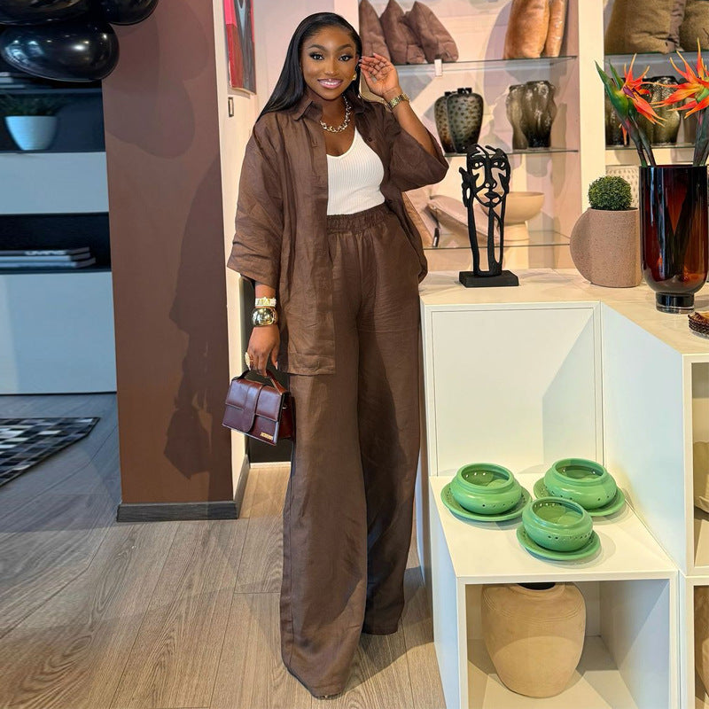 Cardigan Solid Color Top Loose Trousers African Two-Piece Set