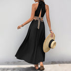 Women's Halter Ruched Patchwork Backless Cutout A-Line Maxi Dress