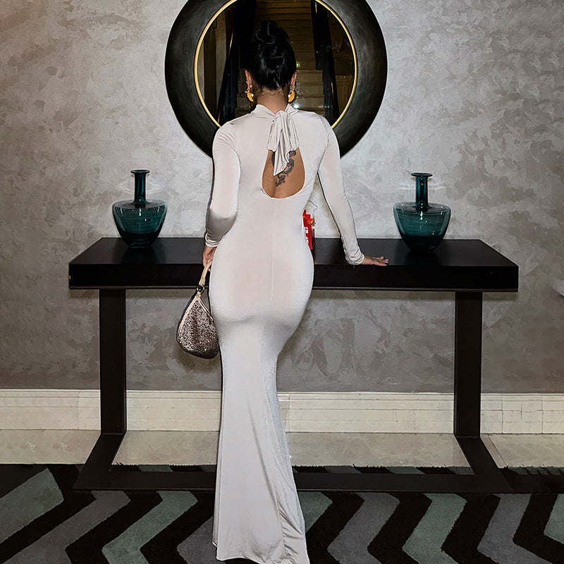 Women's Stand-Collar 3D Cutout Long-Sleeve Maxi Dress