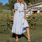 Layered High-Waist Striped Printed Short-Sleeve Dress