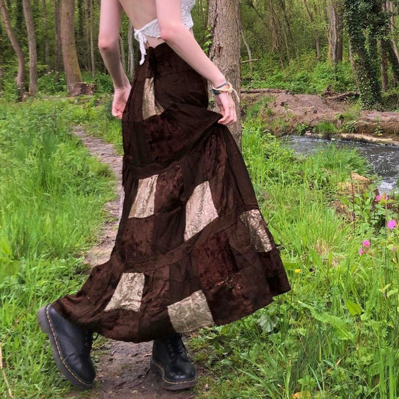 Women's Retro Big Swing Plaid Stitching Loose Velvet Over The Skirt