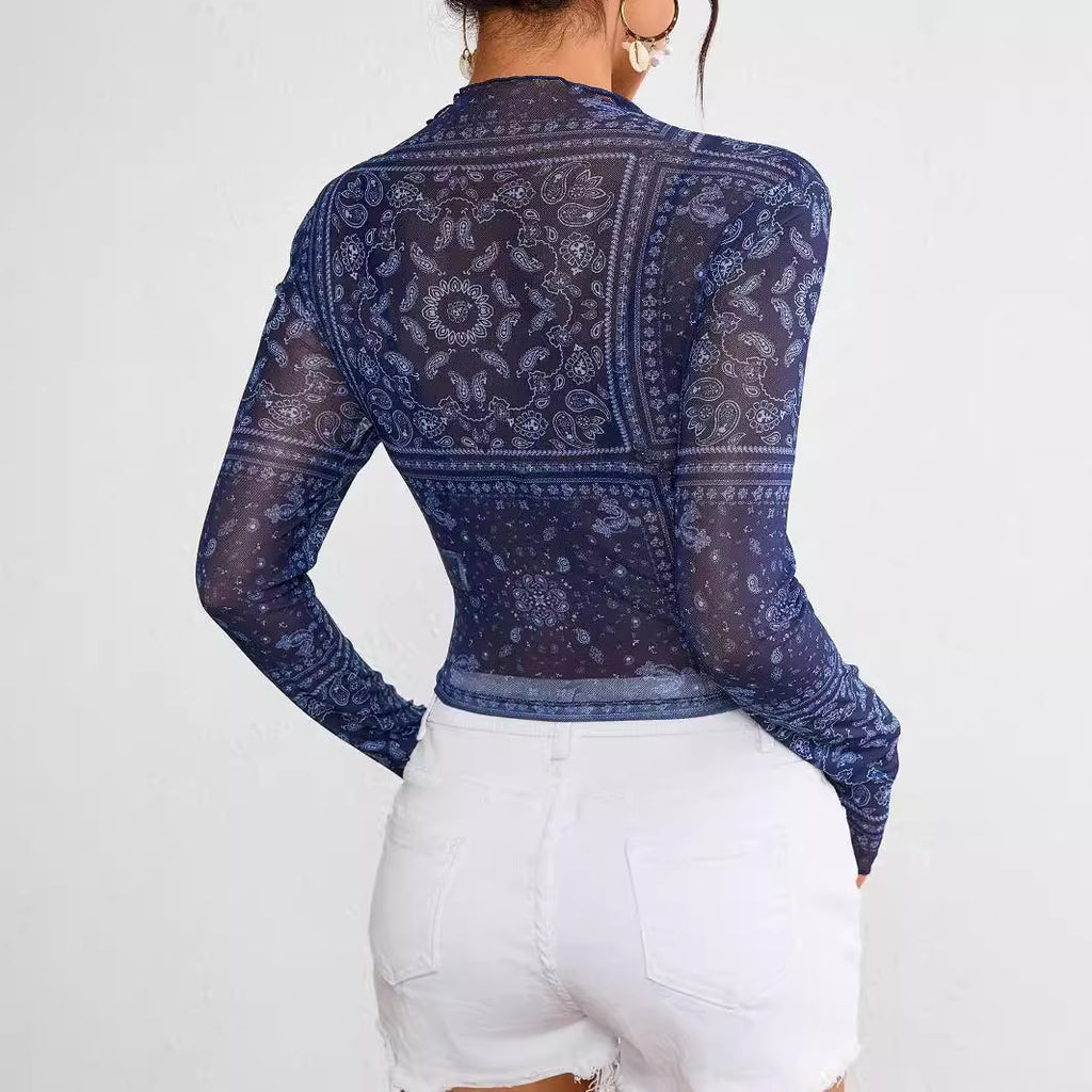 Women's Spring Summer Elegant Women Mesh Floral Print Stand Collar Long Sleeve Short T Shirt Top Women