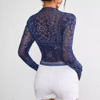 Women's Spring Summer Elegant Women Mesh Floral Print Stand Collar Long Sleeve Short T Shirt Top Women