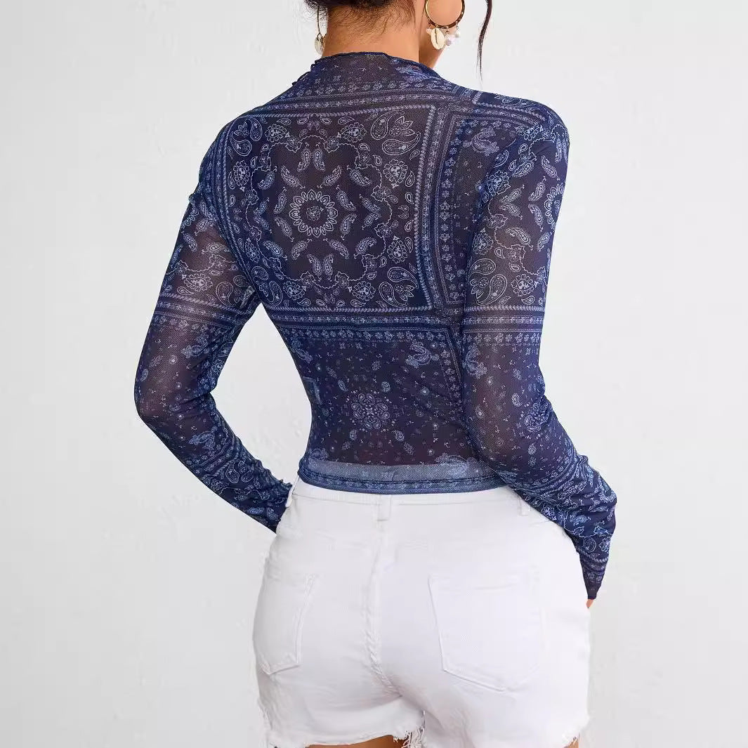 Women's Spring Summer Elegant Women Mesh Floral Print Stand Collar Long Sleeve Short T Shirt Top Women
