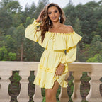 Women's Solid Color Off The Shoulder Tied Lotus Leaf Dress