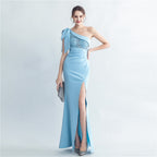 One Shoulder Lace Beaded Slit Evening Maxi Dress
