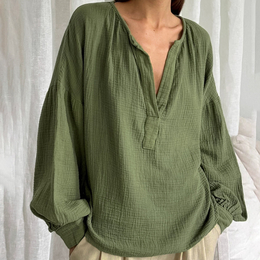 Women's French Bubble Crepe Lantern Sleeve Loose Casual Shirt Autumn Arrival Top Women