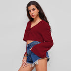 V Neck T Shirt Chest Lace Up Niche Wine Red Cardigan Top Women