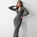 Autumn Winter Midi French Deep V Plunge Collared Slim Fit Dress