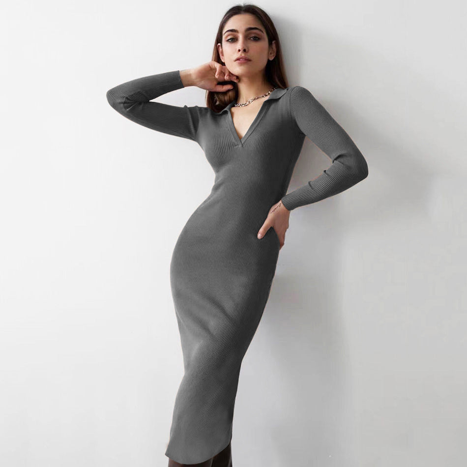 Autumn Winter Midi French Deep V Plunge Collared Slim Fit Dress
