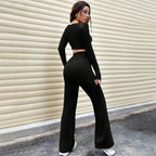 All Match Solid Color Cropped Top High Waist Slim Trousers Pant Sets