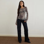 Women's Sexy Leopard Print Mesh T Shirt Autumn Slim Fit All Matching Long Sleeve Top