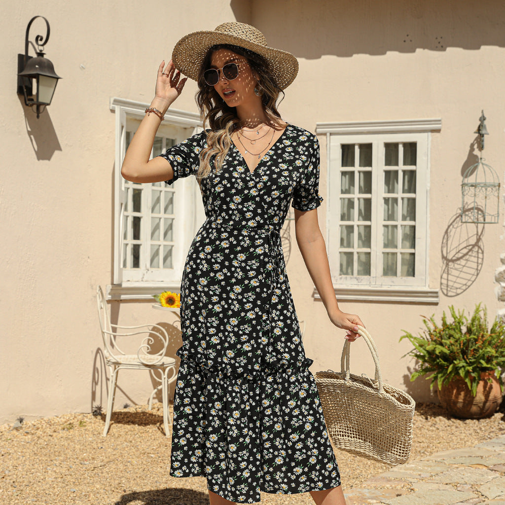 Women's Summer Sexy V Neck Chiffon Printed Dress Bohemian Beach Dress