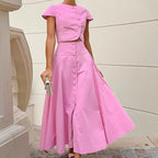 Women's Pink Cotton V-Neck Two-Piece Skirt Set