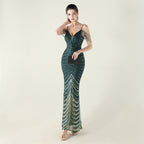 Women's Deep V Plunge Neck Wave Gradient Sequin Evening Dress