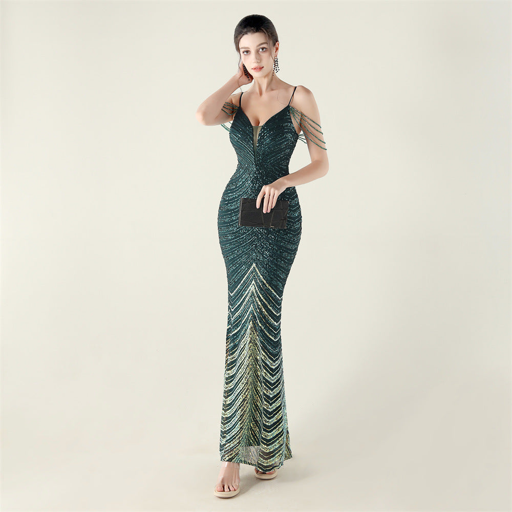 Women's Deep V Plunge Neck Wave Gradient Sequin Evening Dress