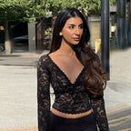 Women’s Black Sheer Lace V Neck Long Sleeve Top