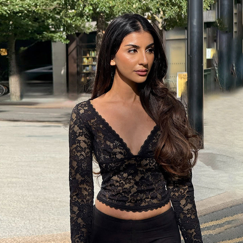 Women’s Black Sheer Lace V Neck Long Sleeve Top